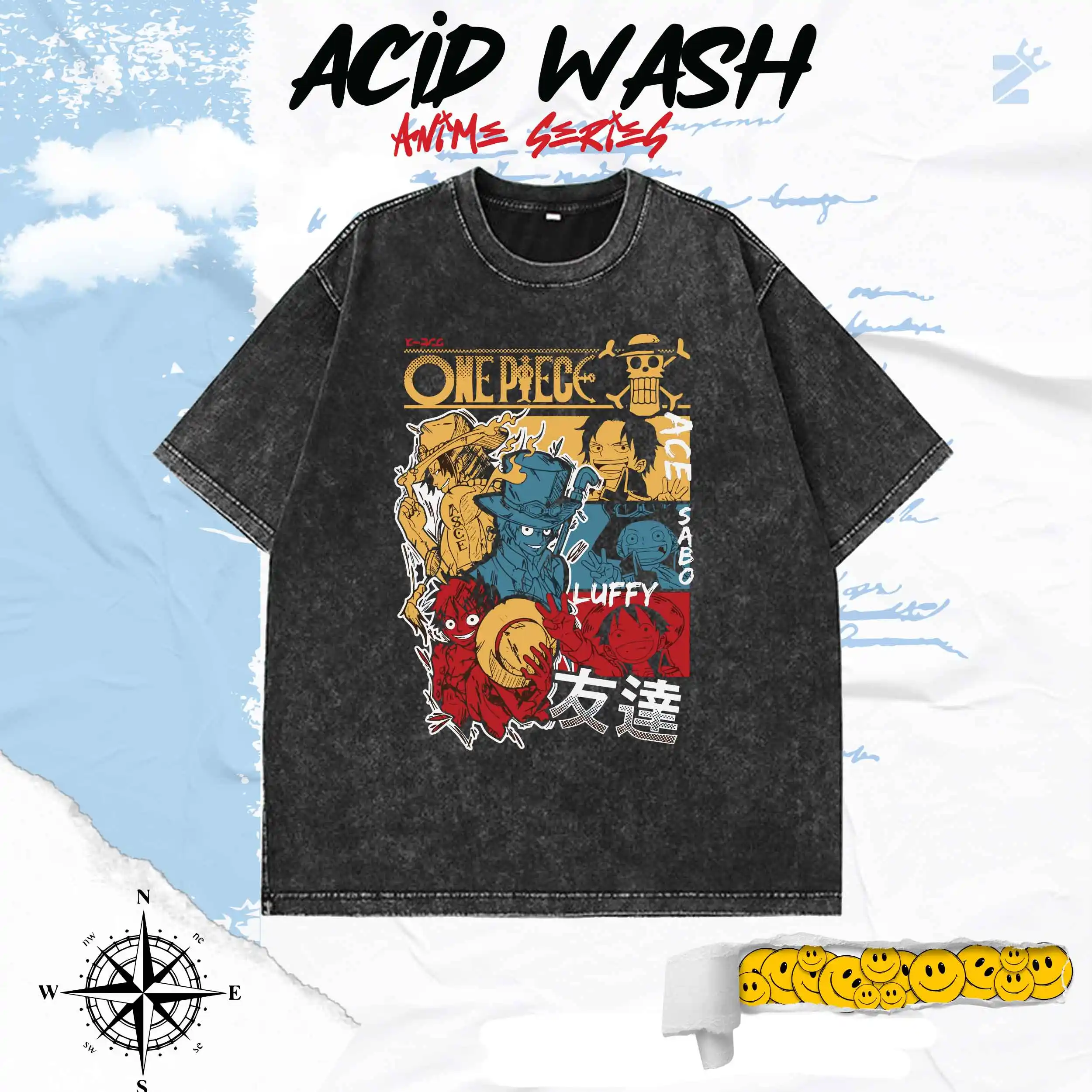 Japanese Anime One Piece Acid Wash T-shirt Unisex Streetwear